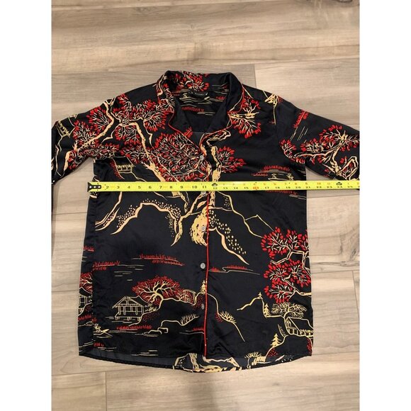 Natori Black Satin Cherry Blossom Floral Long Sleeve Button Up Shirt - Picture 9 of 13